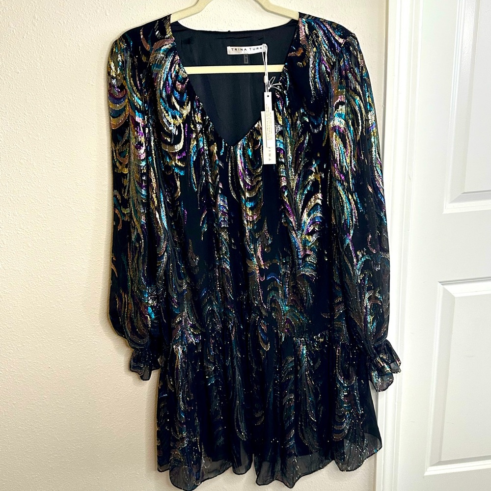 NWT TRINA TURK CELESTIAL DRESS, Metallic and Silk, Size XL, Never Worn
